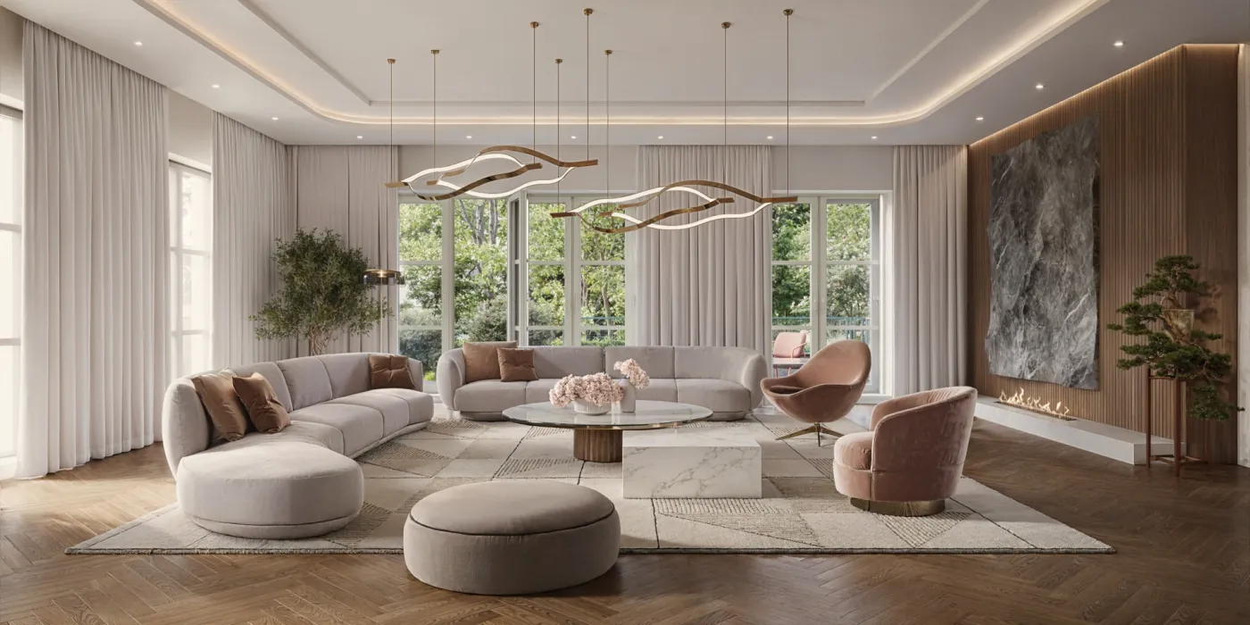 M12 Residence – przestronny salon z narożną sofą i przeszkleniem na ogród